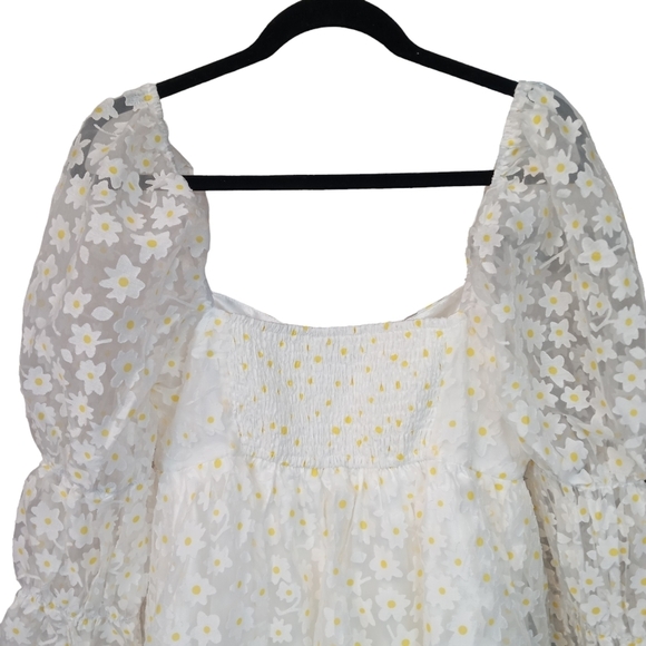 Storia Daisy Tiered Babydoll Dress Puff Sleeves White & Yellow NWT Size Large - Picture 6 of 14